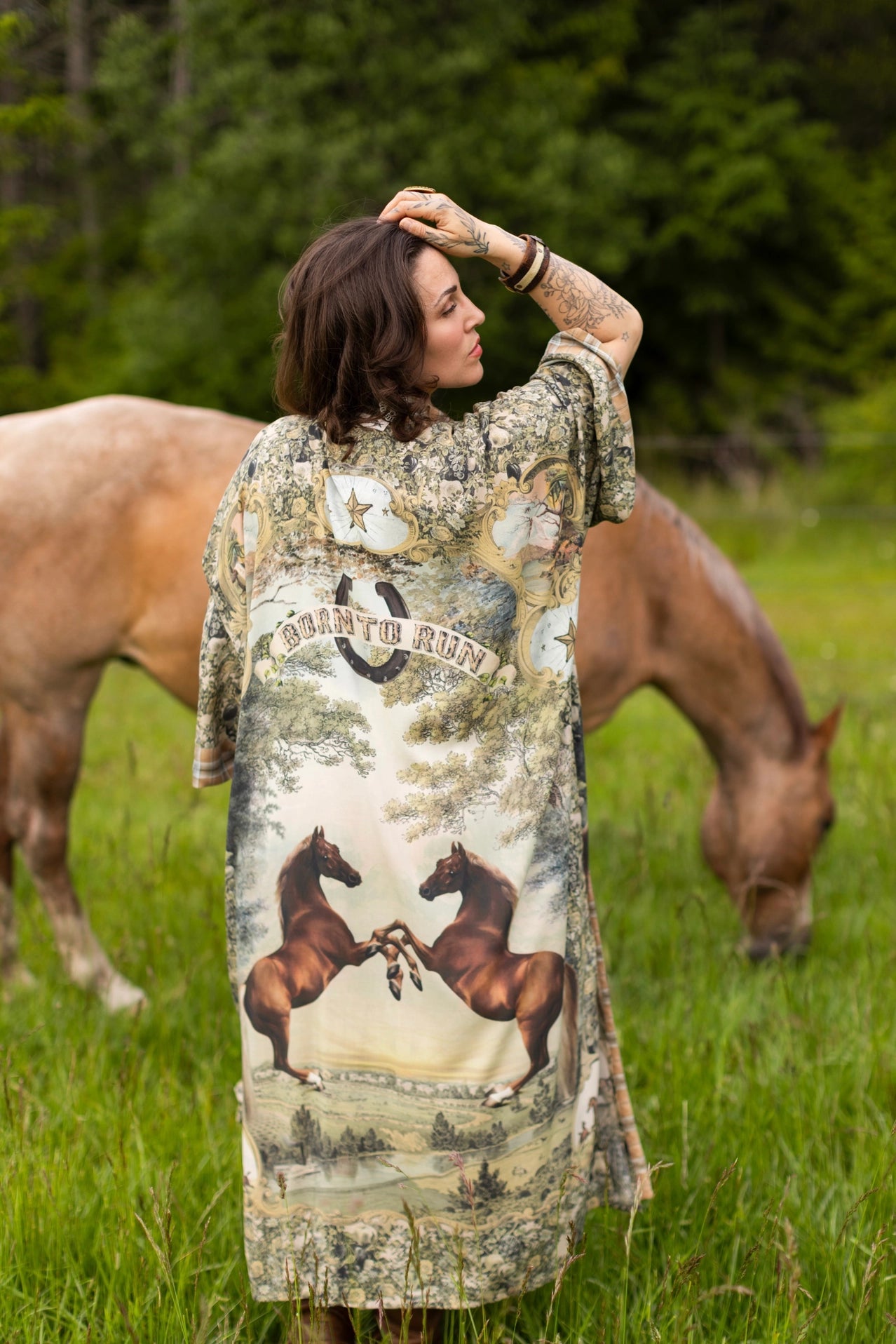 Born To Run Opera Duster Kimono Robe w/ Horse & Flower Print