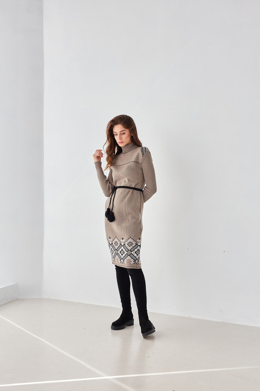 Knitted Warm Dress Ivanka Cappuccino-Clothing - Women-Handmade Originals Ukraine-OS-Urbanheer