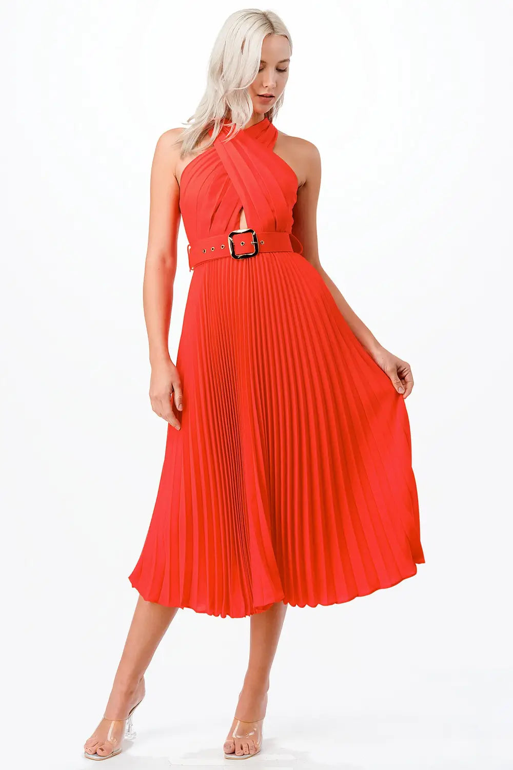 Cross Over Pleats Midi Dress- Orange-Clothing - Women-Neon Blush-S-Orange-Urbanheer