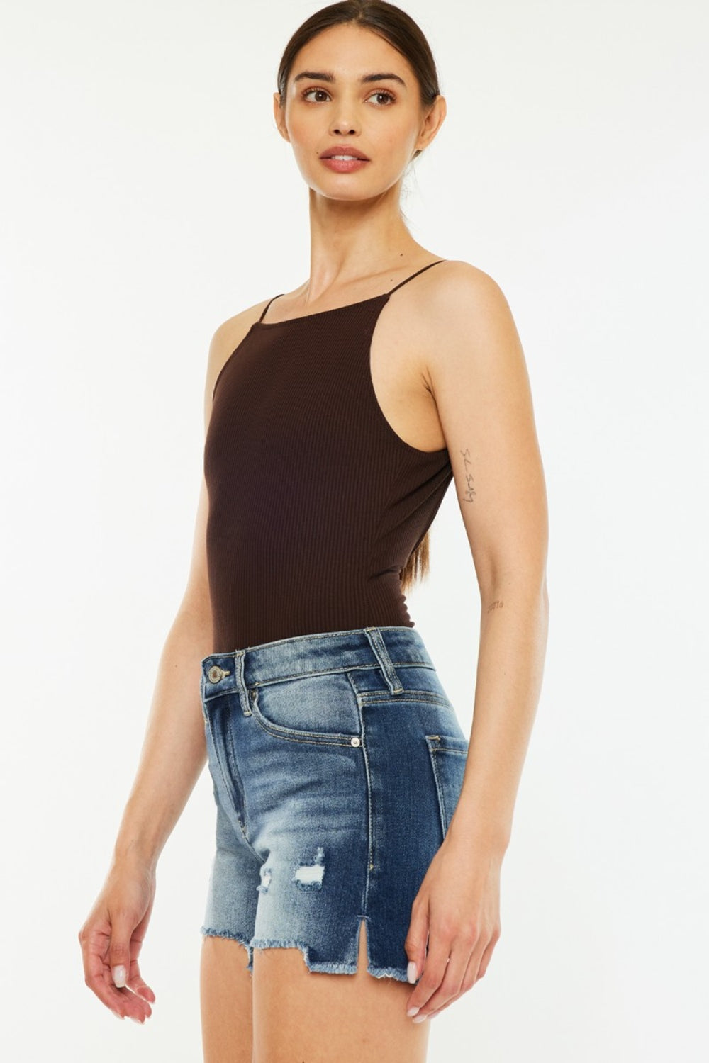 Kancan High Waist Raw Hem Denim Shorts-Street 360-Dark-S-Urbanheer