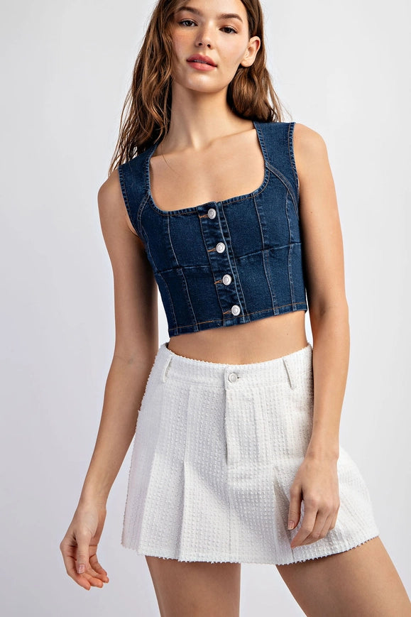 Stretch Denim Sleeveless Button Crop Top-Top-EDIT by NINE-Denim Blue-S-Urbanheer