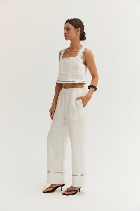 Devin Contrast Stitch Cropped Top & Pants Linen Set