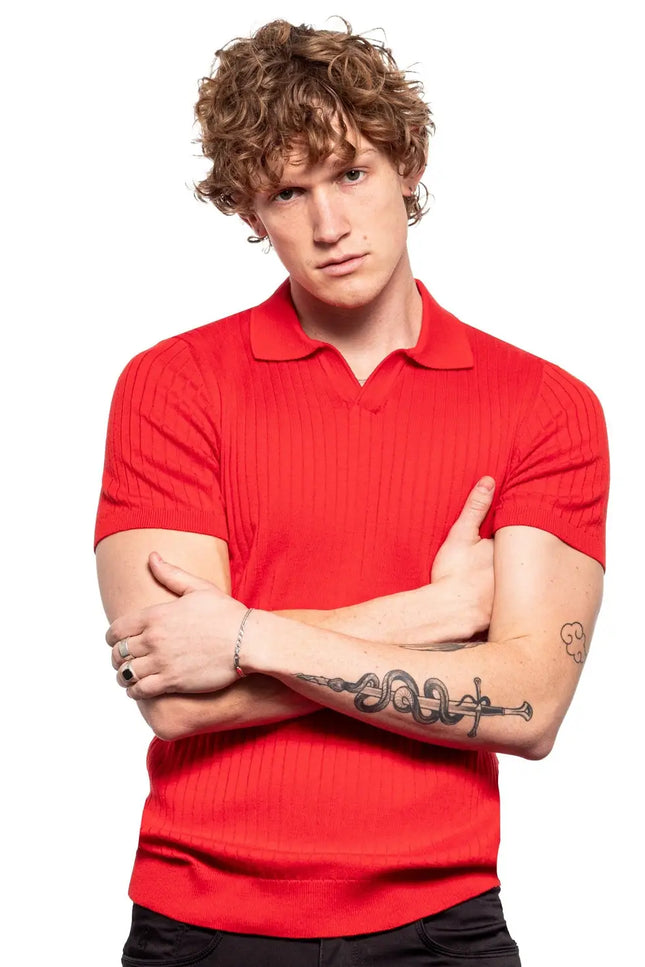 Ribbed Knit Polo - Red-Clothing - Men-Eight X-Urbanheer