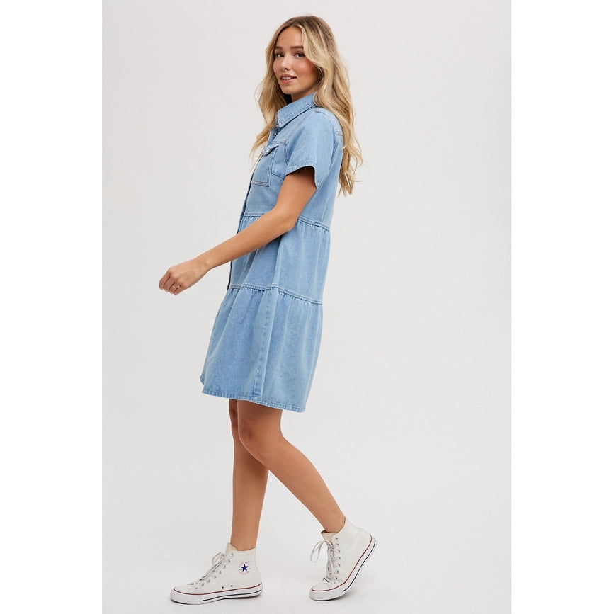 Tiered Denim Shirt Dress Lt Wash-Dress-Bluivy-S-Urbanheer