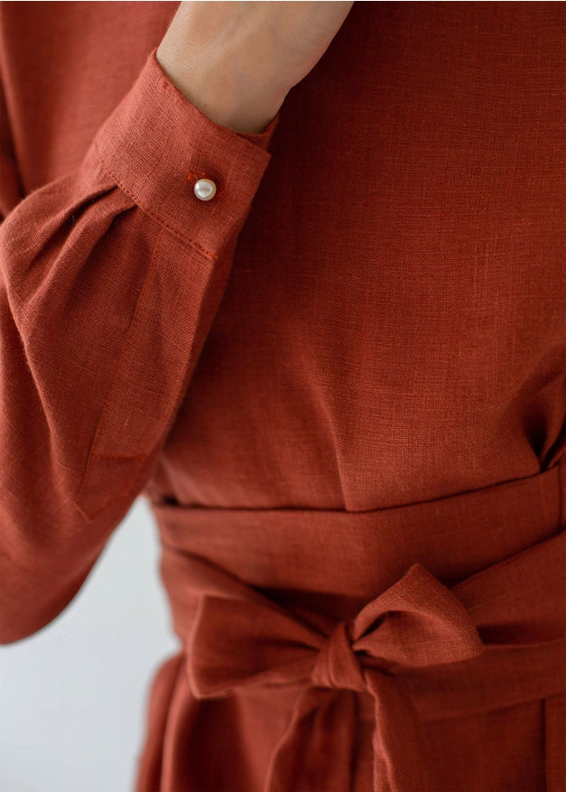Burnt Orange Linen Wrap Dress, Sustainable Dress For Women