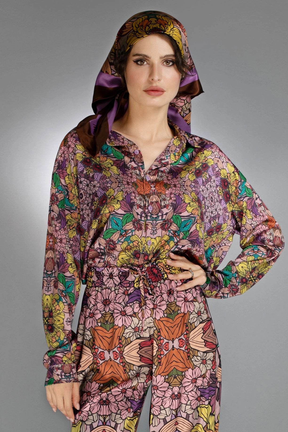 Traditional Loose Fit Artistry Golden Garden Satin Blouse-Nuvula-S-Urbanheer