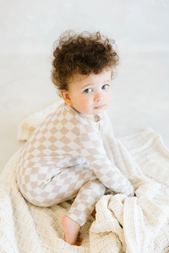 Tan Checkered Zip Romper-Rompers-LoveLee-Newborn-Urbanheer