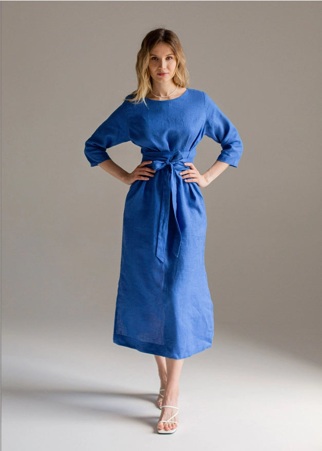 Wrap Linen Dress, Belted Blue Dress For Women Maxi