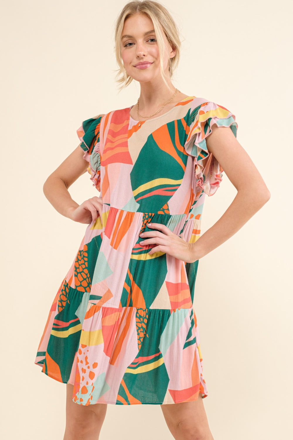 And The Why Printed Double Ruffle Sleeve Dress-Street 360-GREENERY-S-Urbanheer
