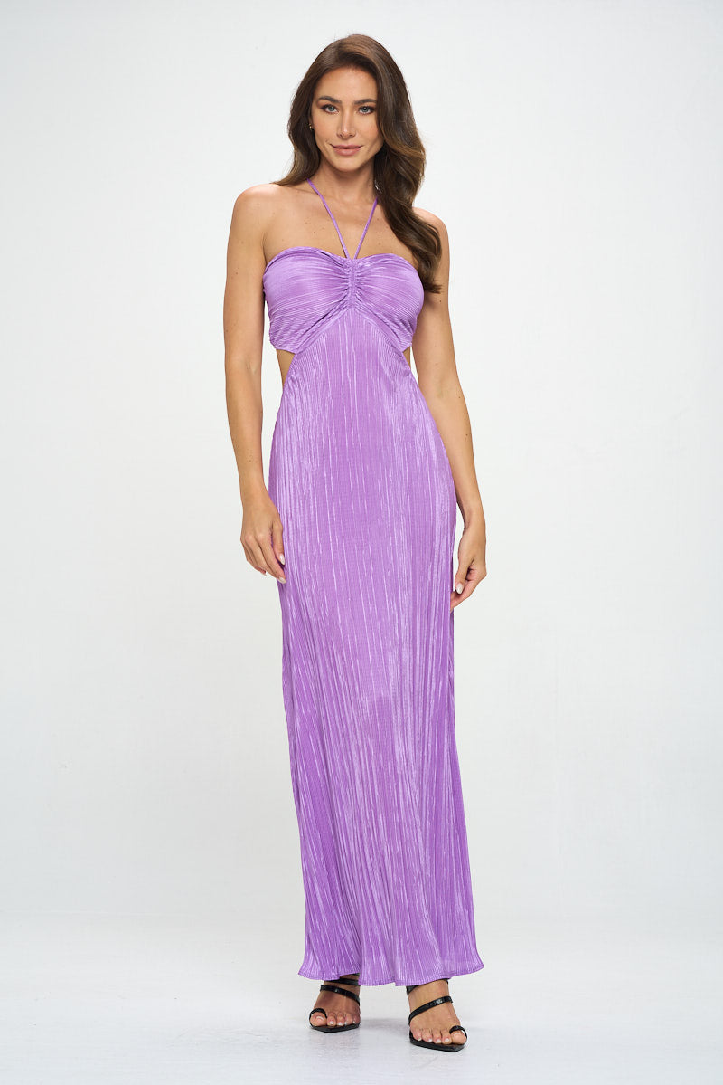 Zem Halter Sleeveless Pearl V-Neck Hollowed Out Print Slit Maxi Dress
