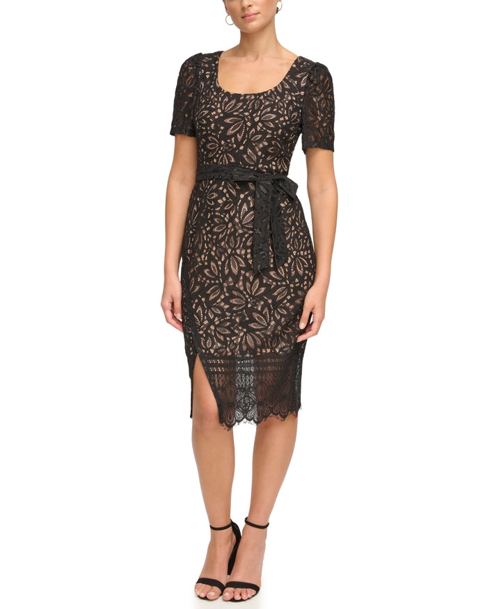 Corded Lace Fitted Dress-Dress-Kensie Dresses-8-BLACK/NUDE-Urbanheer
