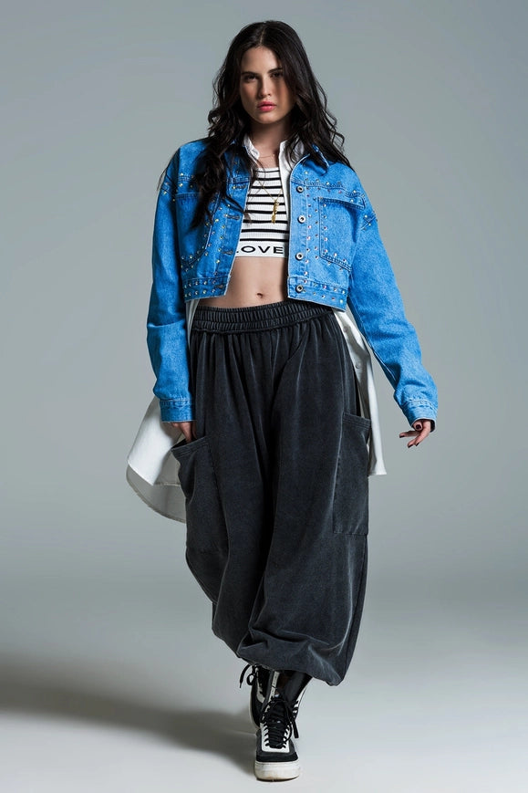 Denim Cropped Jacket in Blue with Studs and Chest Pockets-Shacket-Q2-Blue-S-Urbanheer