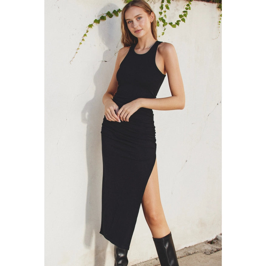 Ribbed Racerback Ruched Midi Dress Black-Dress-Dress Forum-S-Urbanheer