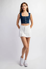 Stretch Denim Sleeveless Button Crop Top-Top-EDIT by NINE-Denim Blue-S-Urbanheer