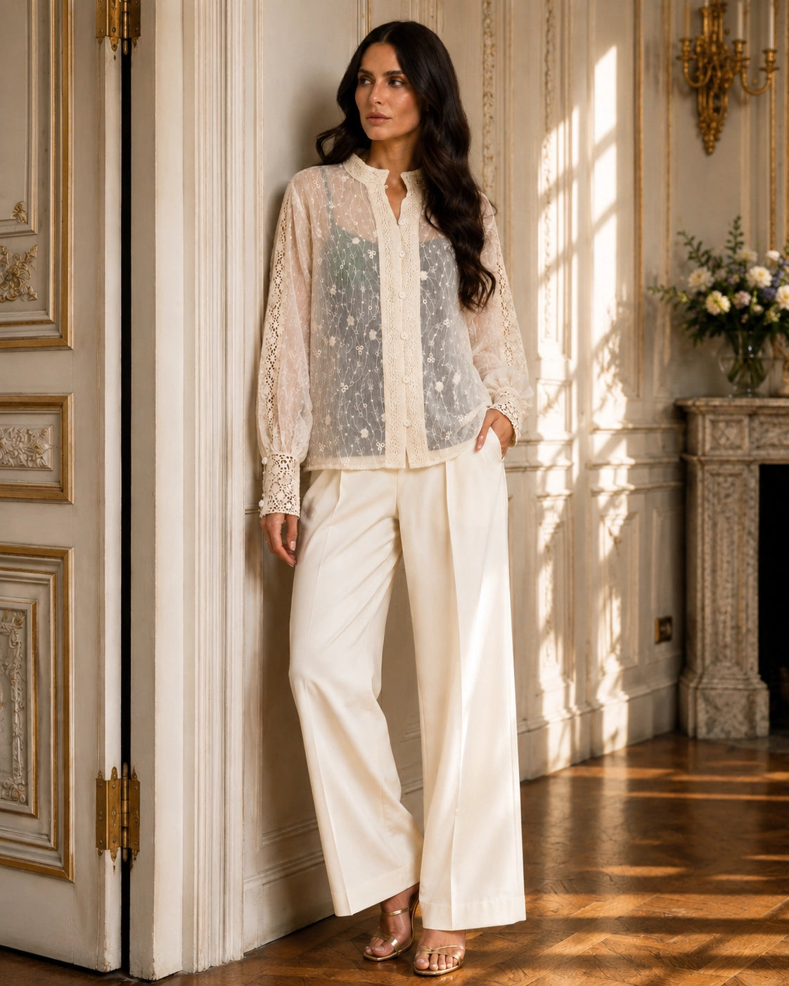 Embroidered Lace Button-Front Blouse