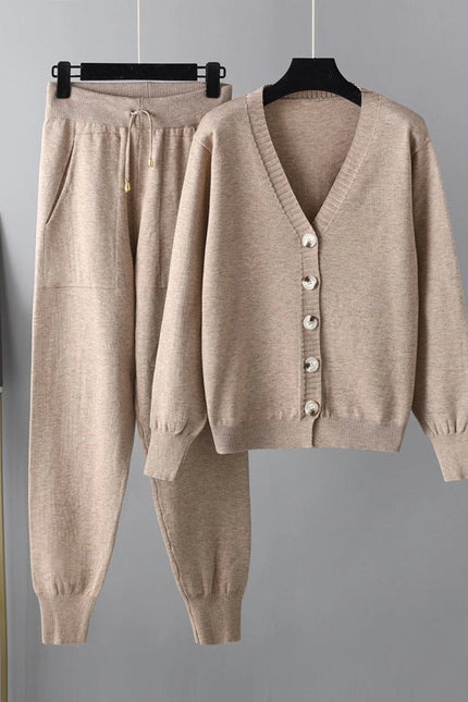 Autumn Winter V Neck Cardigan Sweater Harem Pants Suit Two Piece Sweater-Suits-Blak Wardrob-One Size-Khaki-Urbanheer