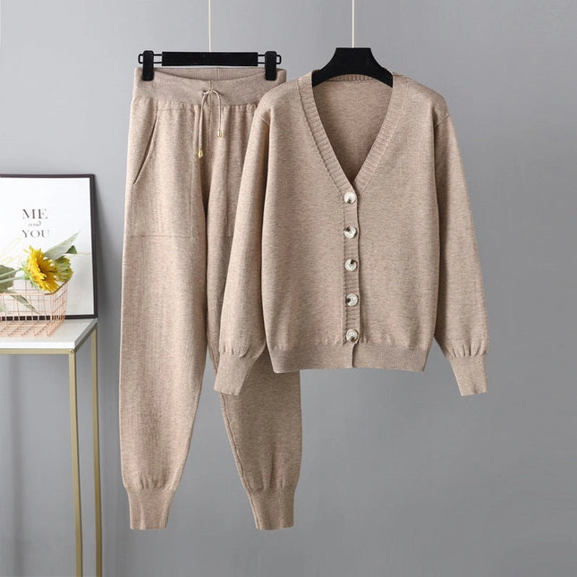Autumn Winter V Neck Cardigan Sweater Harem Pants Suit Two Piece Sweater-Suits-Blak Wardrob-One Size-Khaki-Urbanheer