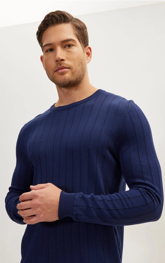 Slip-Stitch Crew Neck Long Sleeve Sweater - Navy-Sweater-Ron Tomson-S-Urbanheer