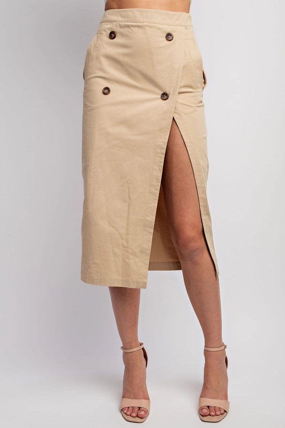 Woven Midi Skirt with Button Detail Taupe-SKIRT-EDIT by NINE-S-Urbanheer