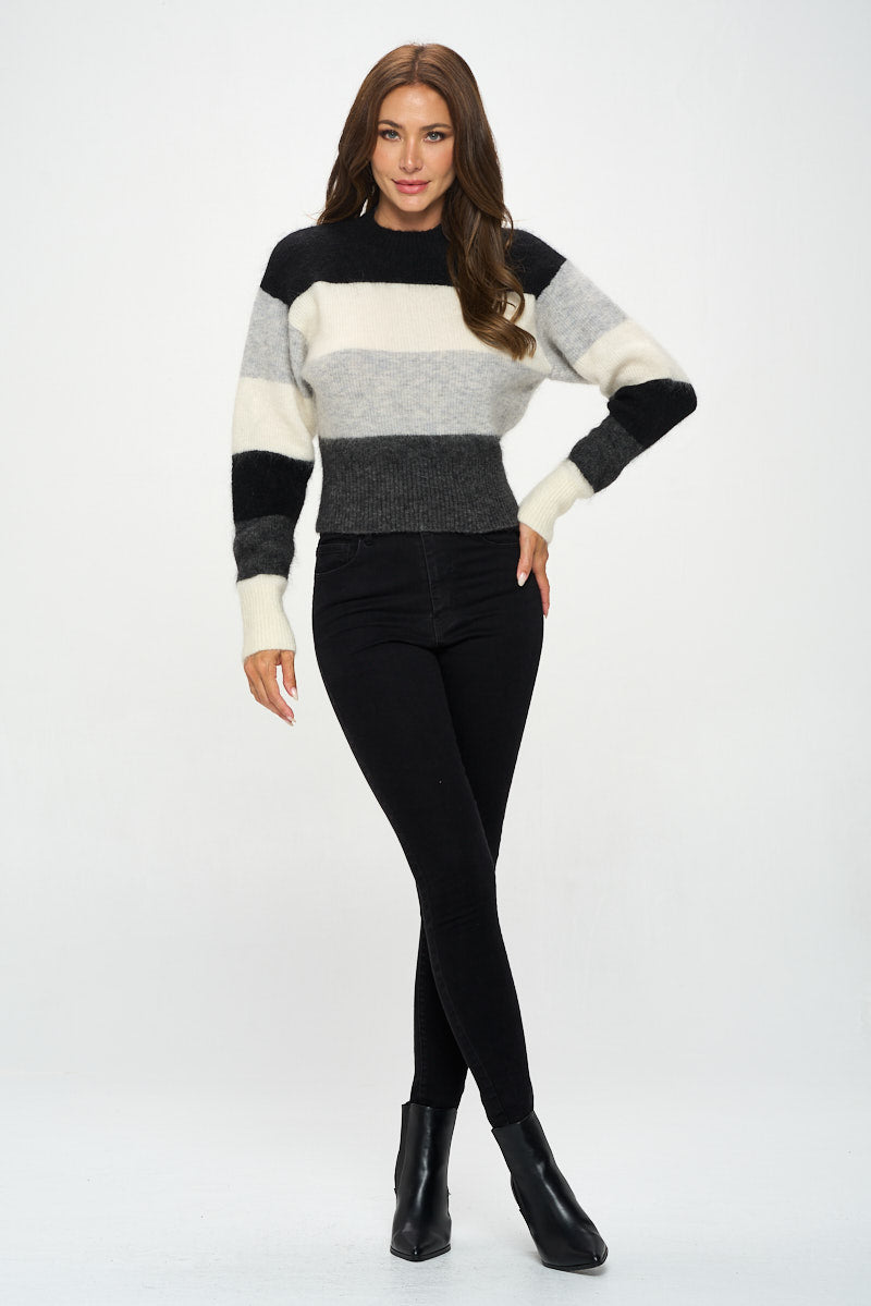 Striped Round Neck Long Sleeve Sweater-Renee C.-S-Urbanheer