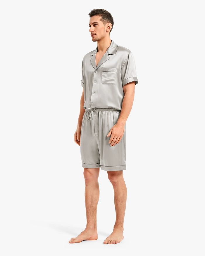 Piped Silk Short Pajamas Cilver Gray-Sets-MommeSilk-XS-Urbanheer