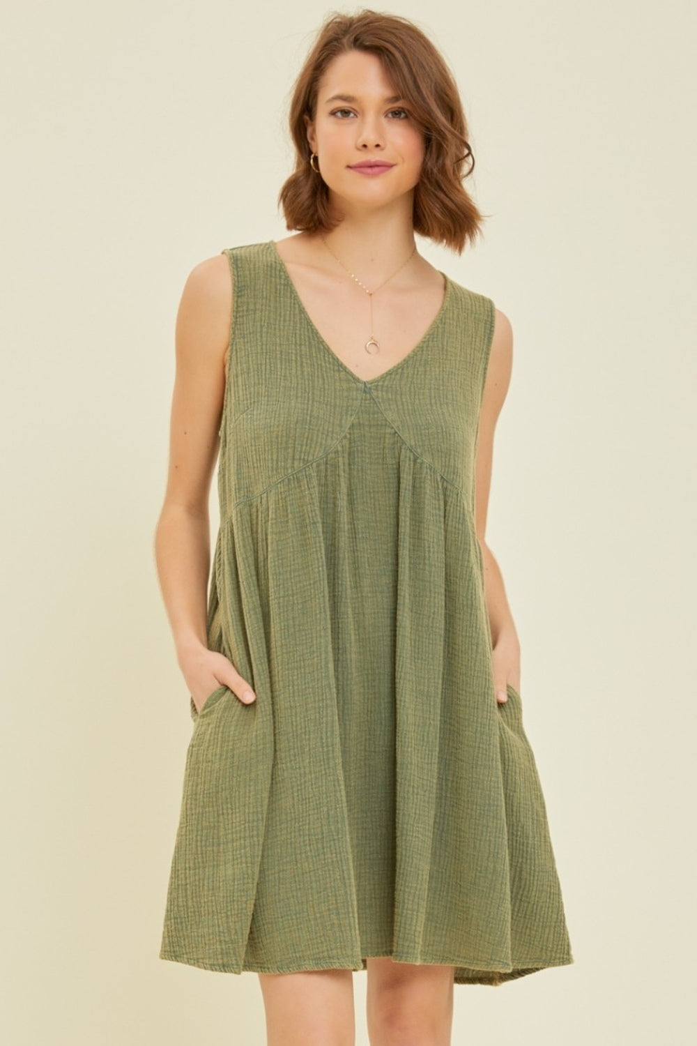 Heyson Full Size Texture V-Neck Sleeveless Flare Mini Dress-Street 360-Green-S-Urbanheer