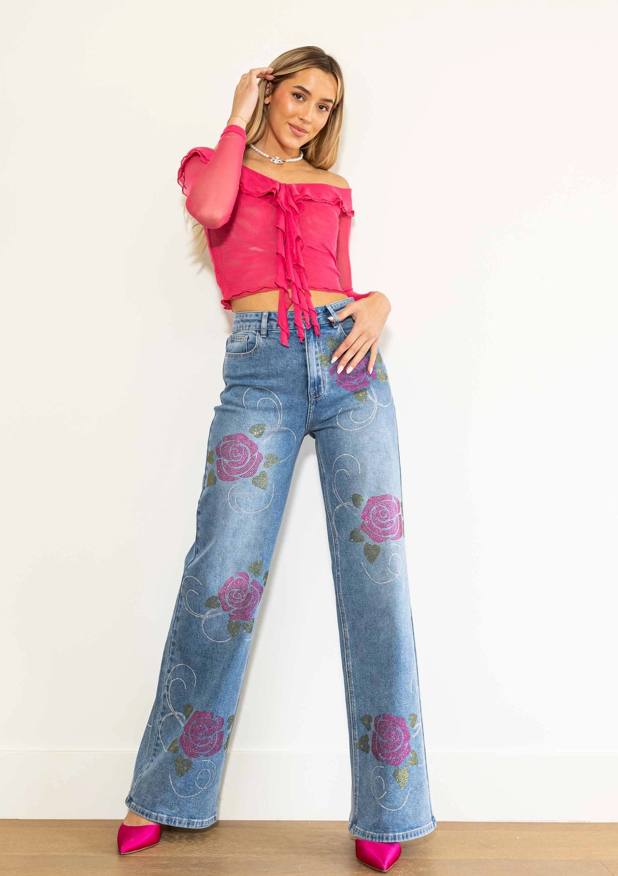Rose Rhinestone Wide Jeans-Jeans-Vibrant M.i.U-1-Medium Stone-Urbanheer