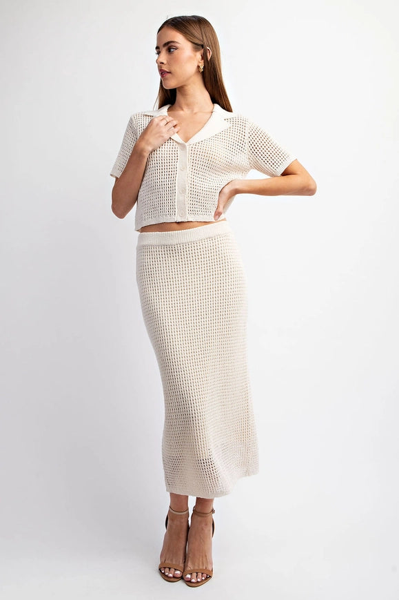 Short Sleeve Open Knit Collared Sweater Top Ivory-Top-EDIT by NINE-Urbanheer