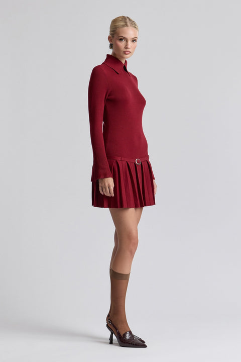 Drop-Waist Pleated Mini Sweater Dress - Red