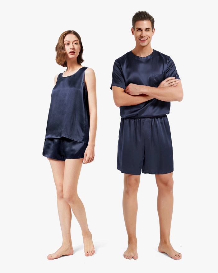 His & Hers Casual Silk Pajamas Navy Blue-Pajamas-MommeSilk-XS-Men's-Urbanheer