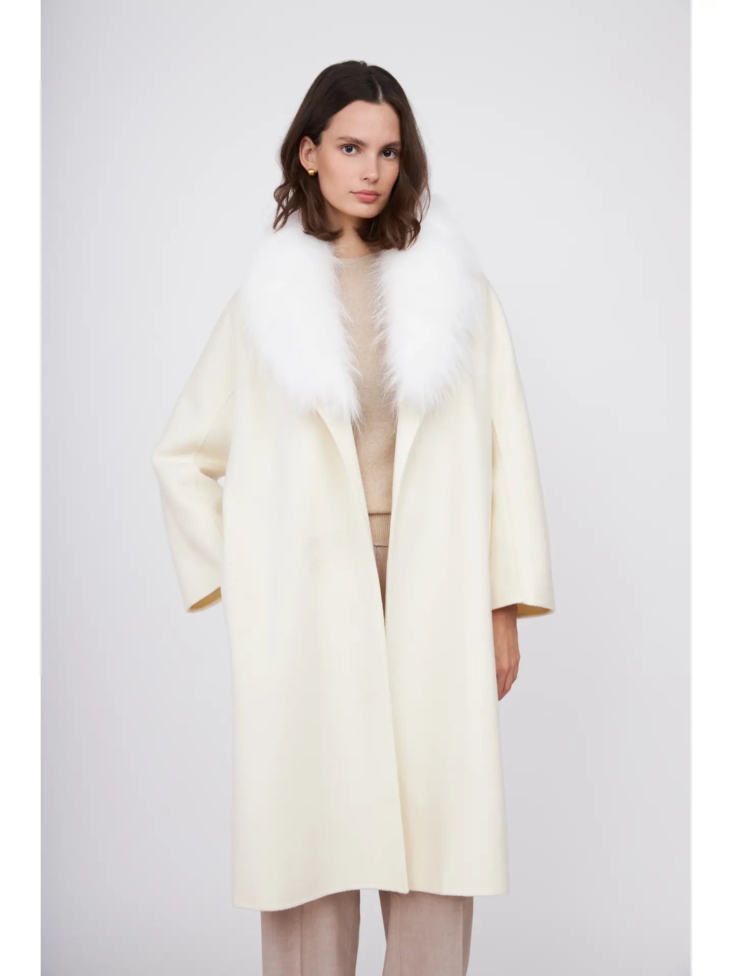 Fur Shawl Collar Cashmere Coat Ivory