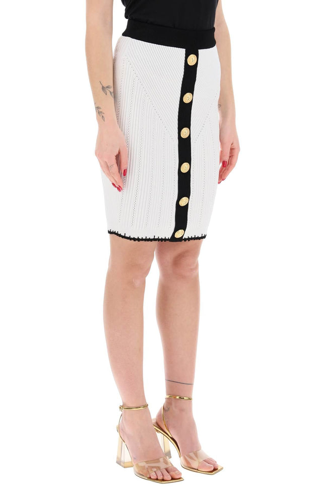 Bicolor Knit Midi Skirt With Embossed Buttons - White