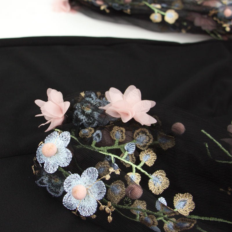 Black Applique Embroidered Mesh Sleeve-UHXV-Black-XS-Urbanheer
