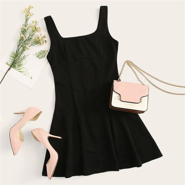 Black Fit And Flare Solid Dress Elegant-UHXV-Urbanheer
