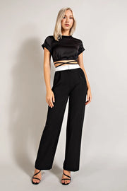 High Waisted Twill Trousers w/ Waist Contrast BLK/WHT-Trousers-EDIT by NINE-S-Urbanheer