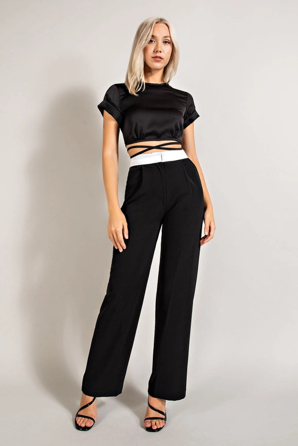 High Waisted Twill Trousers w/ Waist Contrast BLK/WHT-Trousers-EDIT by NINE-S-Urbanheer