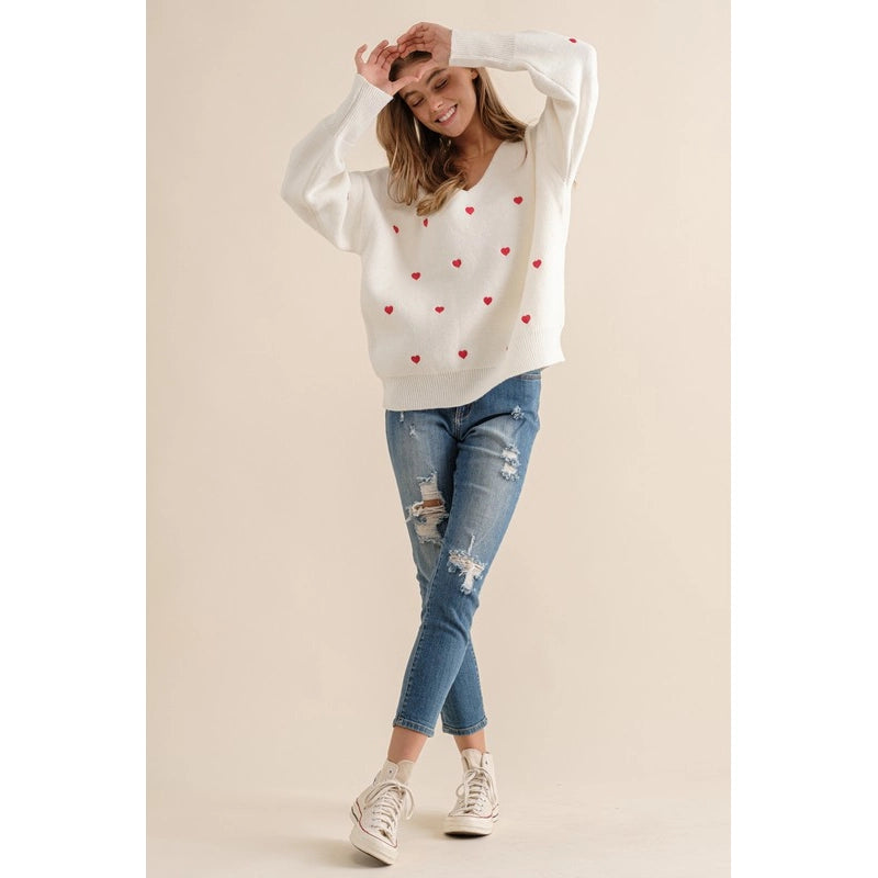 Plus Size Heart Pattern Boxy Knit Pullover Sweater White-SWEATER-Pink Irene Wholesale-1X/2X-Urbanheer