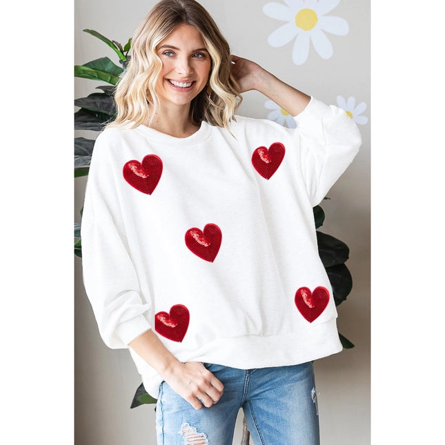 Sequined Heart Patch Sweatshirt-Sweatshirt-Peace Love Line-S-WHITE/RED HEARTS-Urbanheer