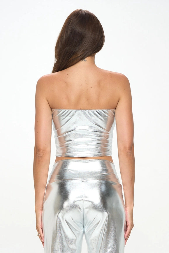 Made In Usa Metallic Tube Crop Top With Elastic Band-TOP-Renee C.-S-SILVER-Urbanheer