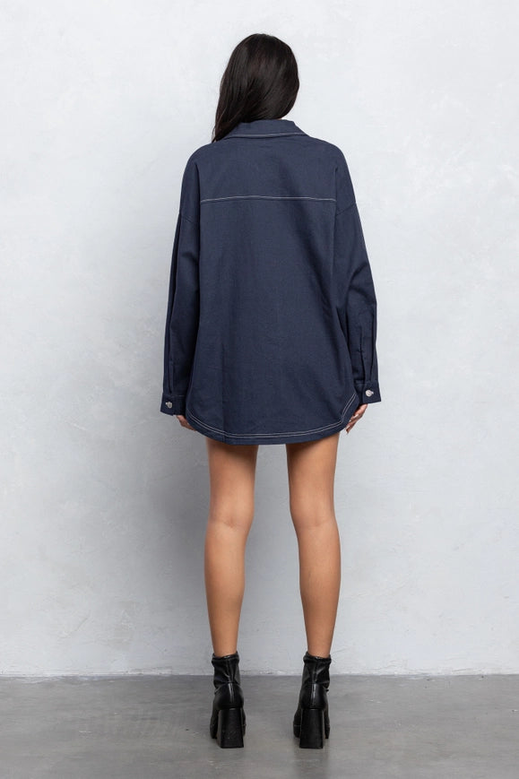 Stitch Detail Loose Fit Shacket and Mini Skirt Set NAVY-Sets-No Vacancy-S-Urbanheer