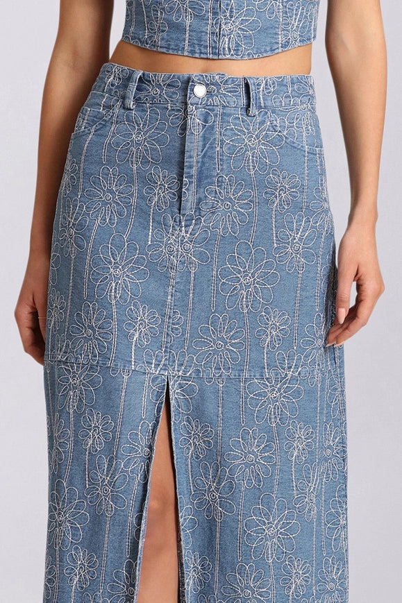 Embroidered Denim Maxi Skirt-Skirt-Avec Les Filles-Urbanheer