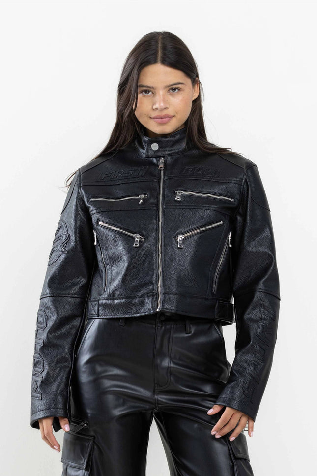 Leather Racing Cropped Jacket-Clothing - Women-Vibrant M.i.U-Urbanheer
