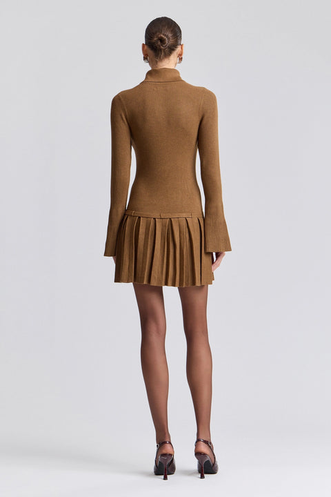 Drop-Waist Pleated Mini Sweater Dress - Russet Brown