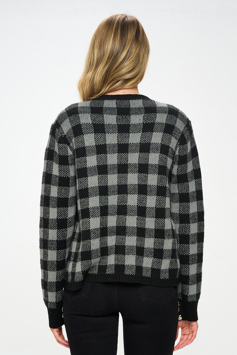 Checkered Knit Open Front Mini Cardigan With Buttons-Renee C.-S-Urbanheer