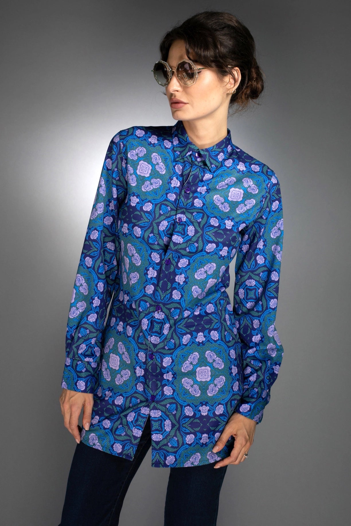 Floral Geometric Shape Long Shirt Roses Cobalt Blue / Lilac-Nuvula-XS-Urbanheer