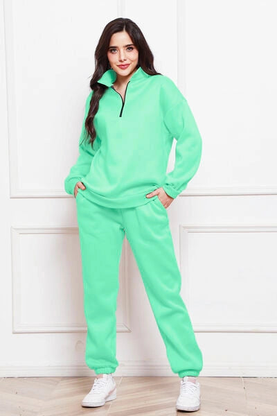 Half Zip Long Sleeve Sweatshirt and Pants Set Mint Green-Sets-Blak Wardrob-S-Urbanheer