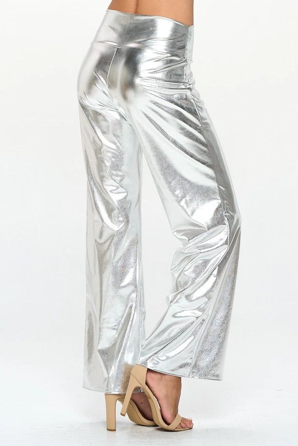 Made in USA Metallic Wide Leg Pants with Thick Waistband SILVER-Pants-Renee C.-SILVER-S-Urbanheer