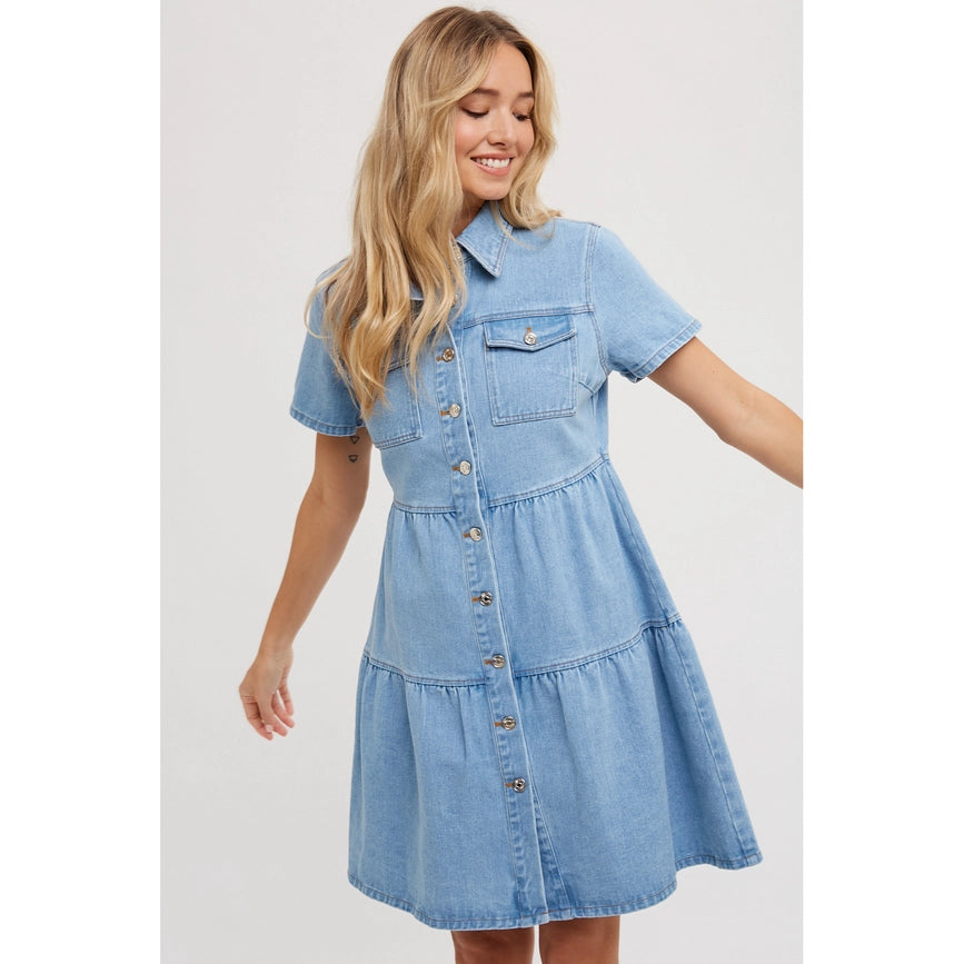 Tiered Denim Shirt Dress Lt Wash-Dress-Bluivy-S-Urbanheer