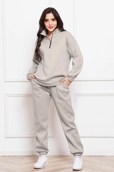Half Zip Long Sleeve Sweatshirt and Pants Set Light Gray-Sets-Blak Wardrob-S-Urbanheer