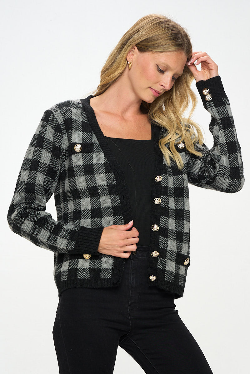 Checkered Knit Open Front Mini Cardigan With Buttons-Renee C.-S-Urbanheer